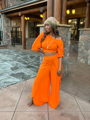 Brianna Crop Top & High Slit Wide Leg Palazzo Pant Set in Orange