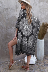 Liv Printed Tassel Trim Open Front Cardigan