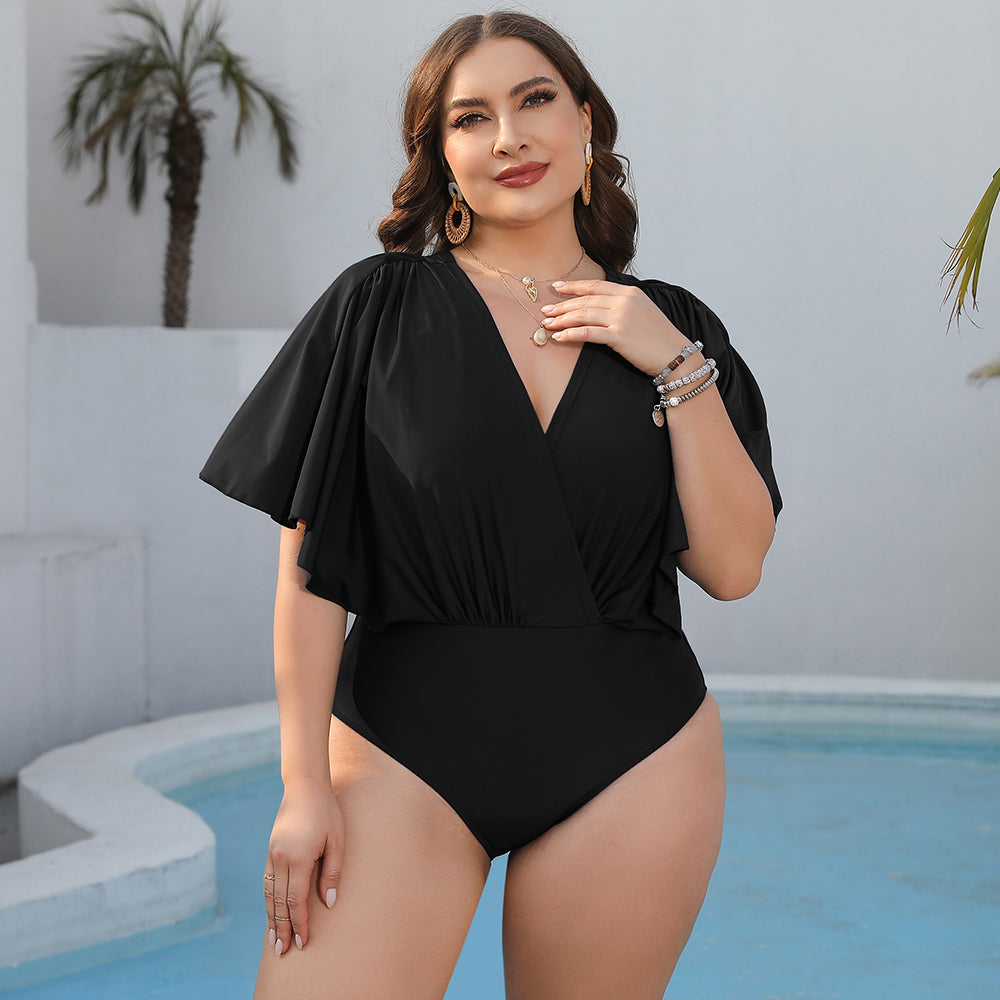 Lu's Chic Women's One Piece Swimsuit Sexy Swimwear Ruched Swimming Square  Neck Beach Curvy One Piece Swimsuit Black X-Large