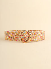 Multicolored woven wide belt with round buckle 