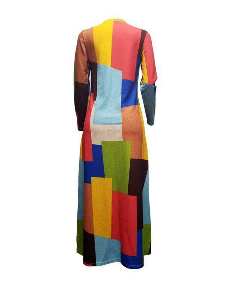 Back View Multicolor Color Block Long Sleeve Ankle Length Duster Dress