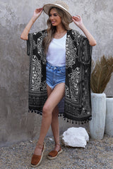 Liv Printed Tassel Trim Open Front Cardigan