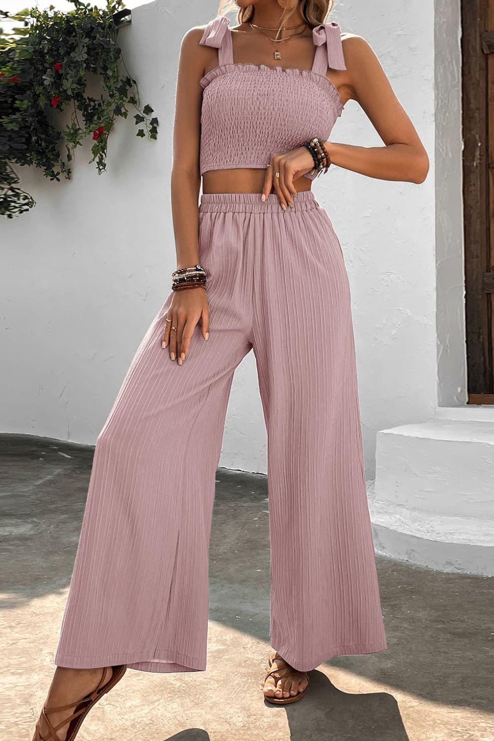 Summer/Spring Crop Pant Set Set With Wide Leg Pants And Tee Loose